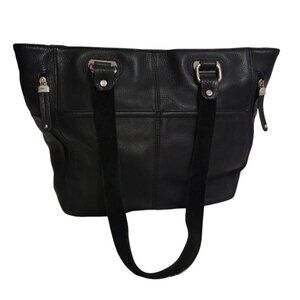 Tignanello Black Leather Shoulder Tote Silver Hardware Stripe Lining.